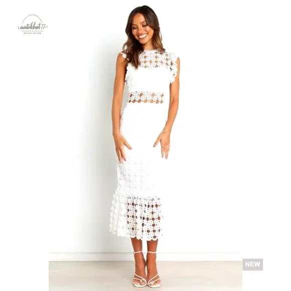 Midi Formal Dress with Lace Overlay, Backless, One Shoulder